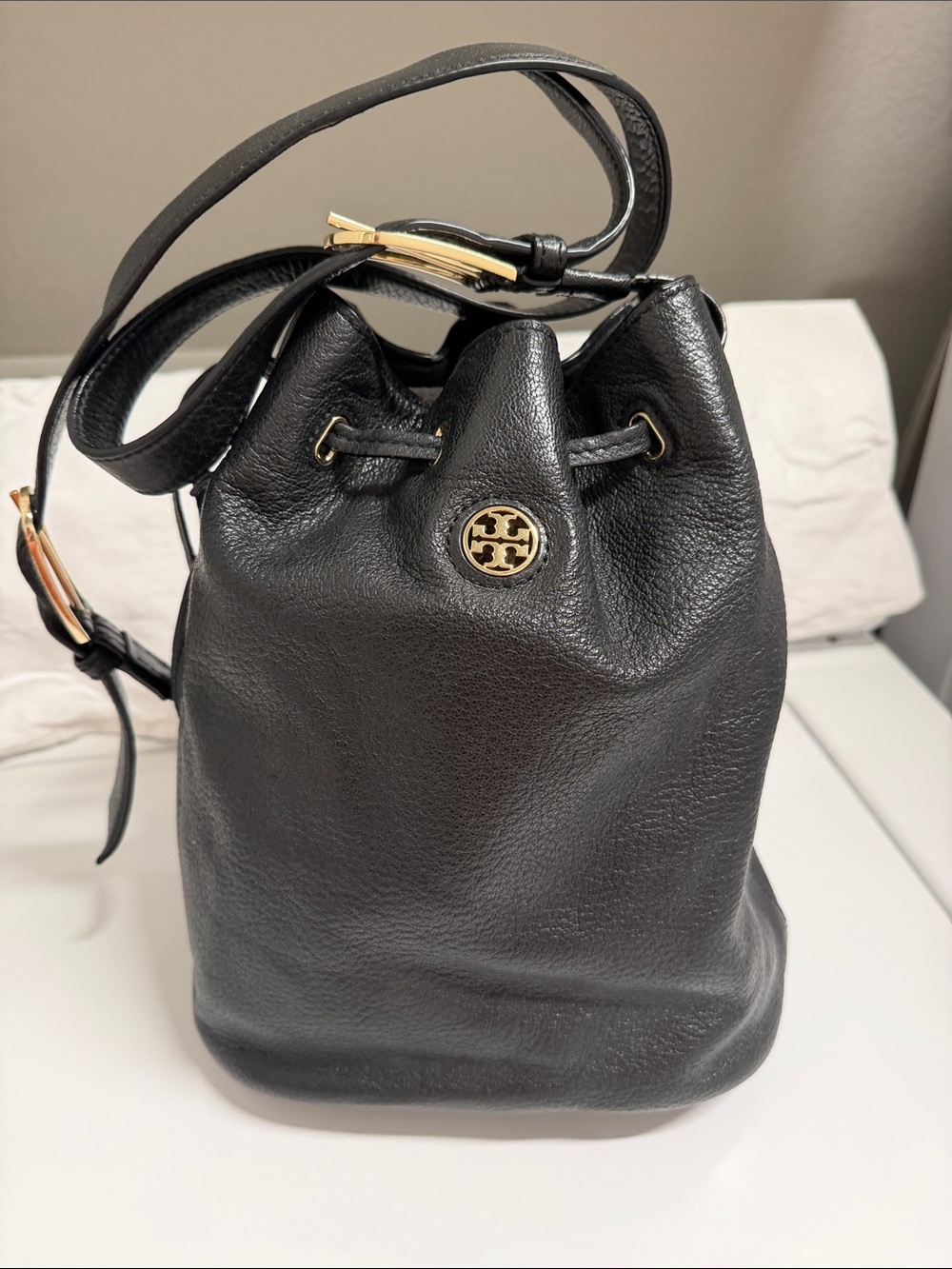 Tory Burch Black Pebbled Leather Drawstring Bucket Crossbody with Gold Logo